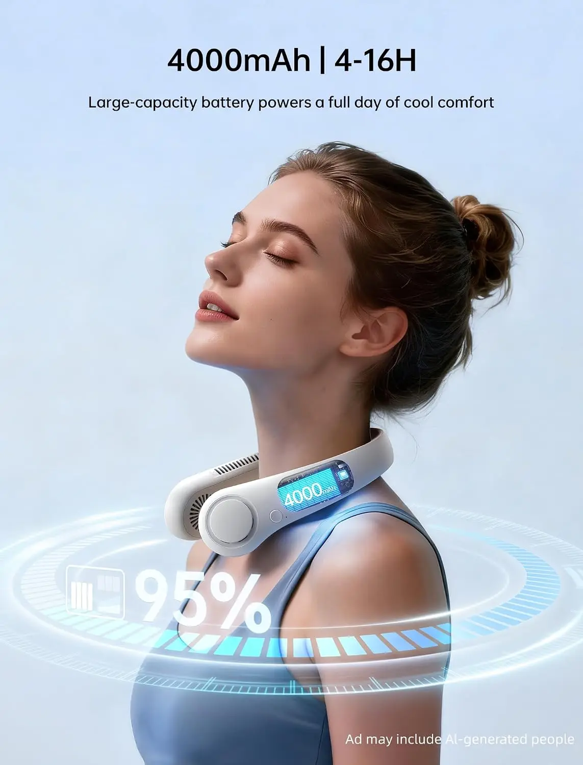 4000mAh Rechargeable Hands-Free Bladeless Neck Fan, 5 Wind Speed Modes for Summer Outdoor Cooling
