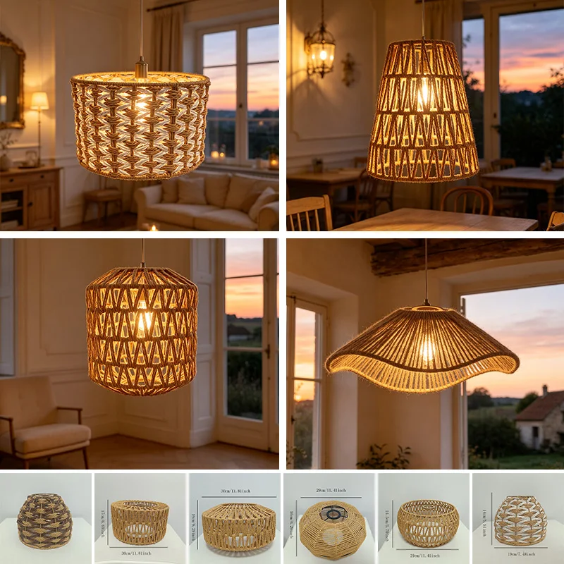 Retro Hand‑Woven Jute Rope Lampshade Spherical Rattan Lamp Cover Replacement Shade Accessory For Chandelier Pendant Light