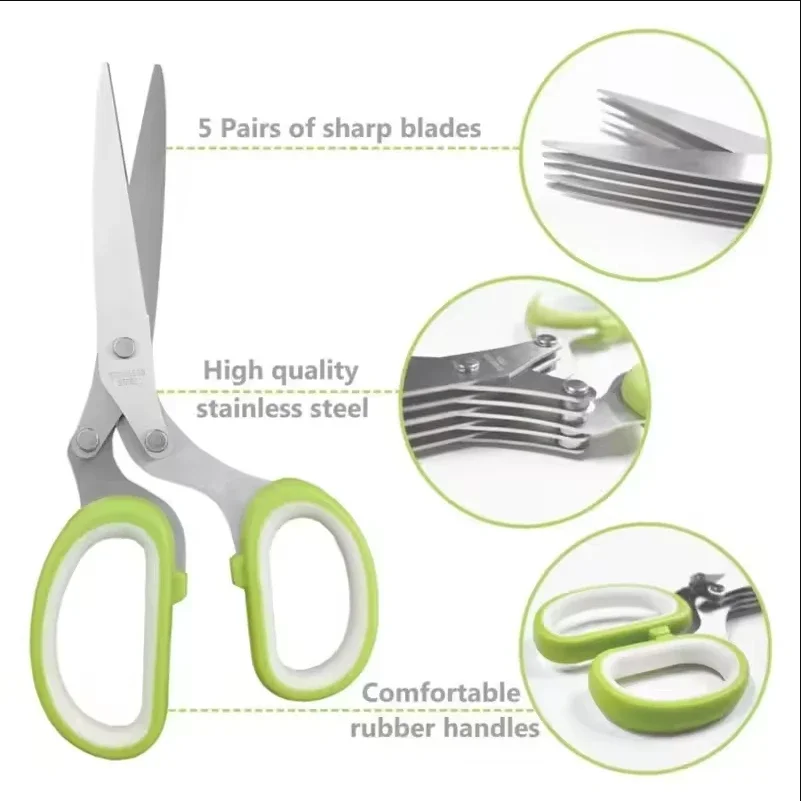 

Multi-functional Stainless Steel 5 Layer Kitchen Scissors Pepper Shredded Chopped Scallion Cutter Laver Cut Cooking Tool