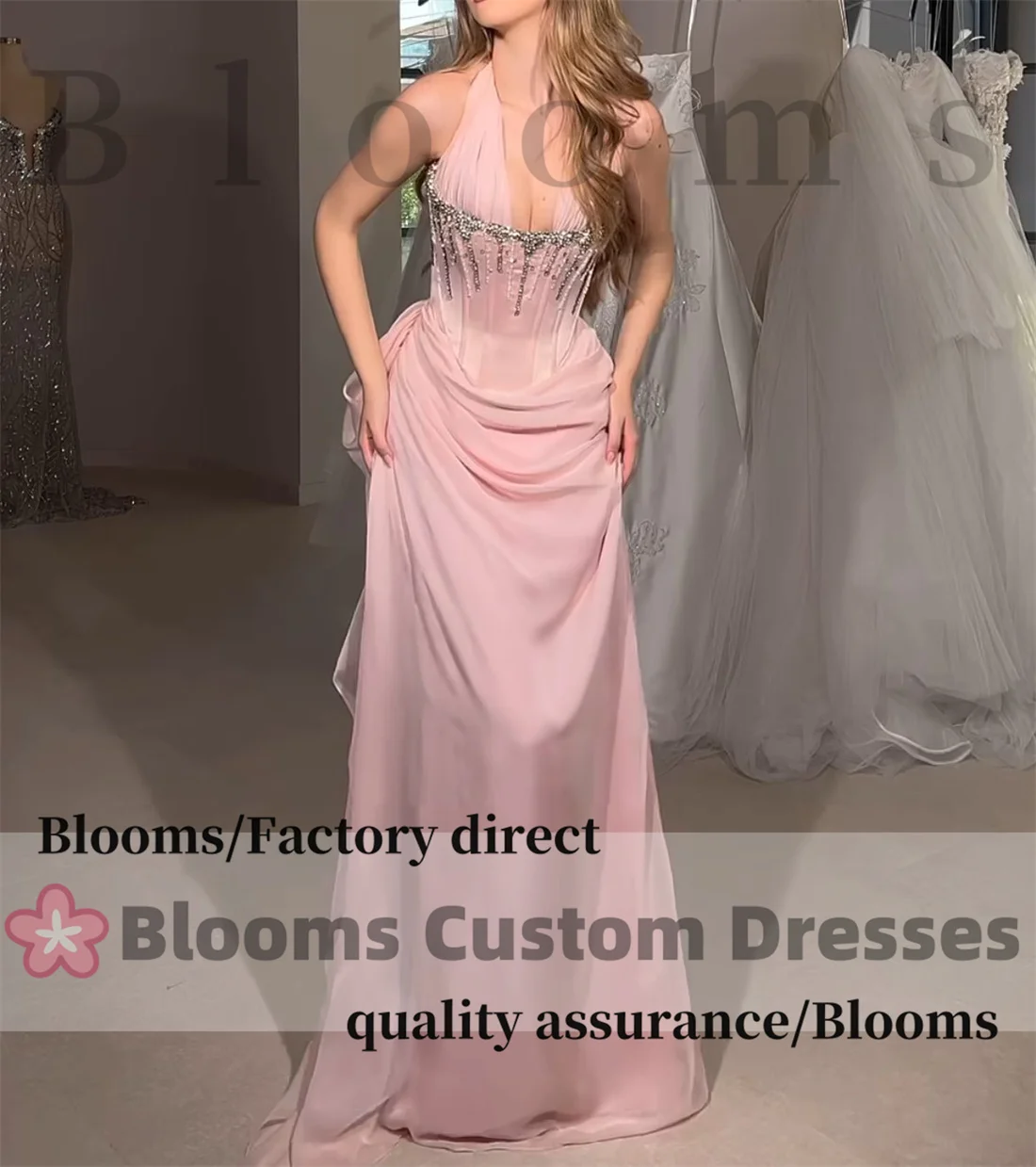 Customized Pink Halter Rhinestone Sexy Evening Dress Chiffon Ruched Satin Sweet Wedding Evening Dresses Straight Floor-Length