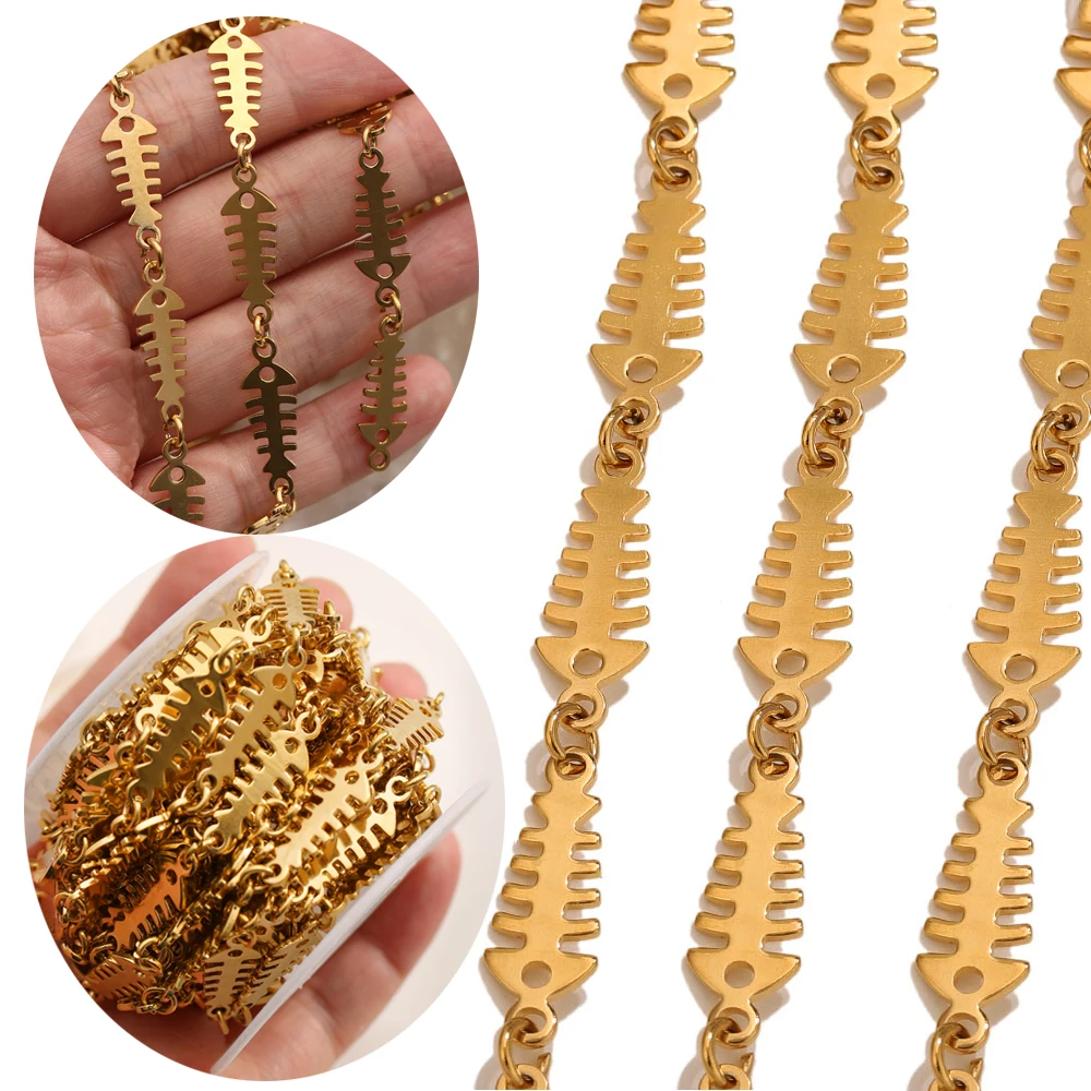 

1M 18K Gold Plated Stainless Steel Fishbone Chain Glossy Ocean themed Jewelry Chain for DIY Necklace Bracelet Making Wholesale