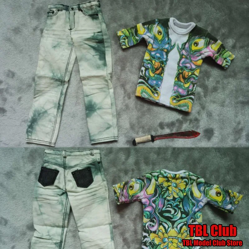 1/6 Scale Mini Male Clothes Street Hoodlum Ruffian Tattoo Patterned T-Shirt Jeans Machete Fit For 12-inch Action Figure Soldier