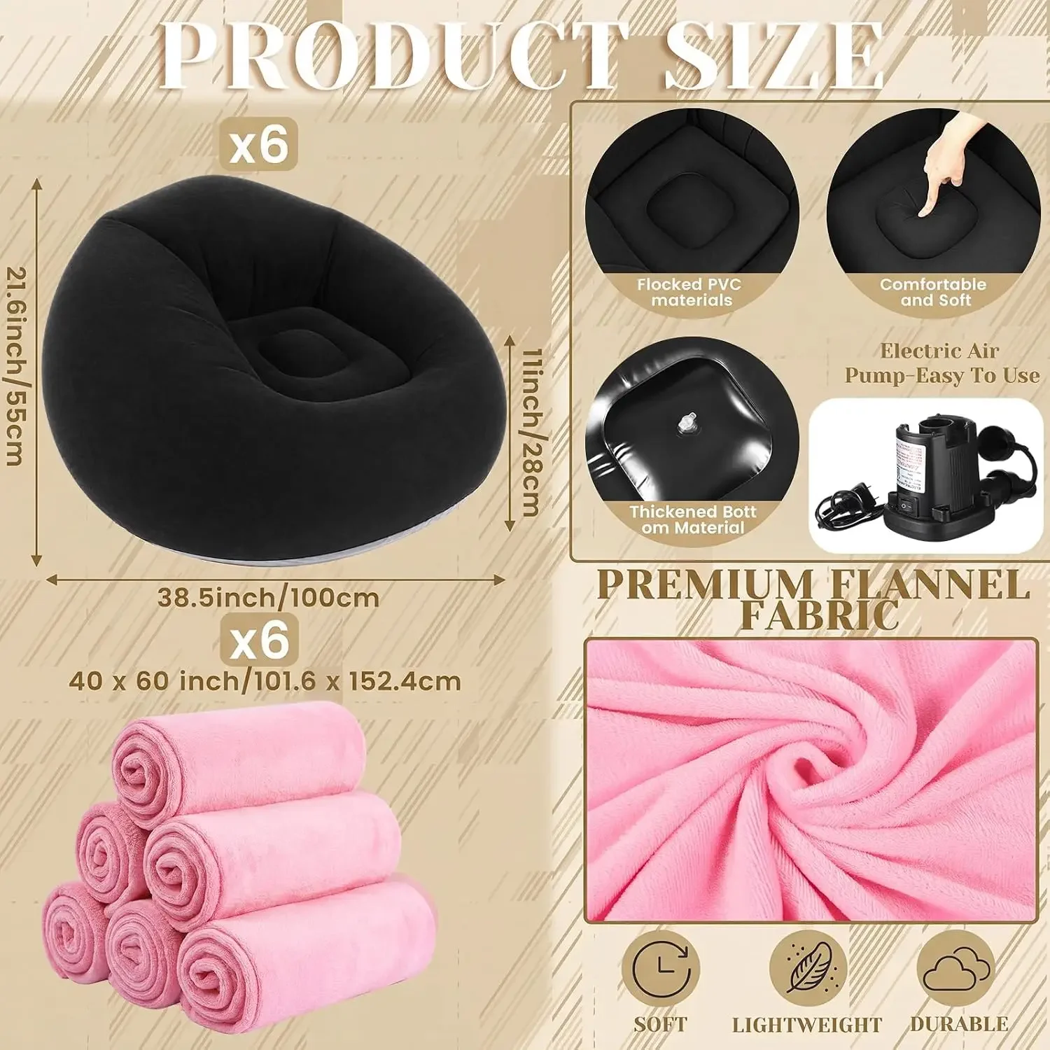 6 Set/ 12 Pcs Bean Bag Chair Set Inflatable Beanbag Chairs Blow up Sofa Soft Fleece Sleepover Blanket Electric Air Pump for Outd