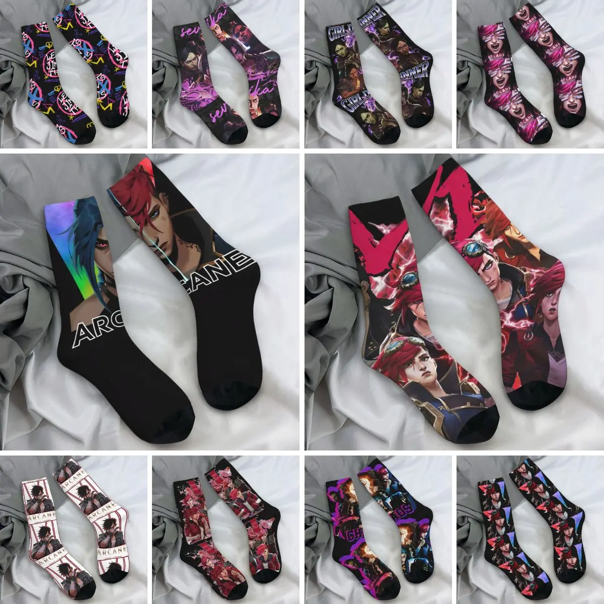 Arcane Vi And Jinx Anime Stockings Men Socks Soft Breathable Funny Socks Spring Skateboard Anti-Slip Custom Socks Birthday Gift