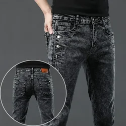 Men's Vintage Jeans Designer Korean Fashion Snowflake Wash Stretch Straight Pencil Pants Classic Slim Male Denim Trousers