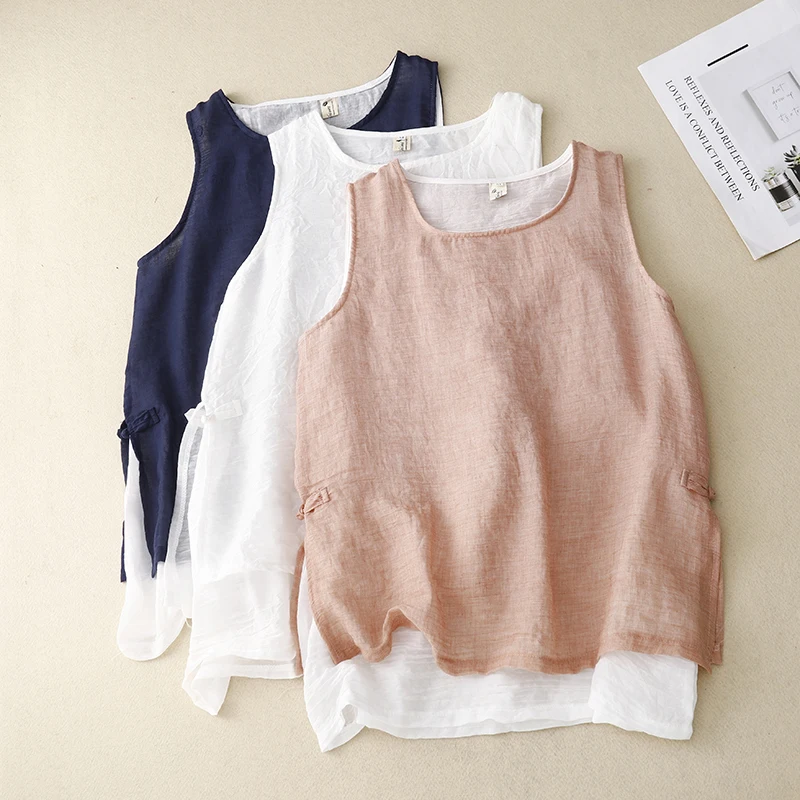 صيف جديد طبقة مزدوجة القطن الكتان Y2k المحاصيل الأعلى المرأة تنفس سترة بلا أكمام فضفاضة رقيقة بسيطة تانك القمم