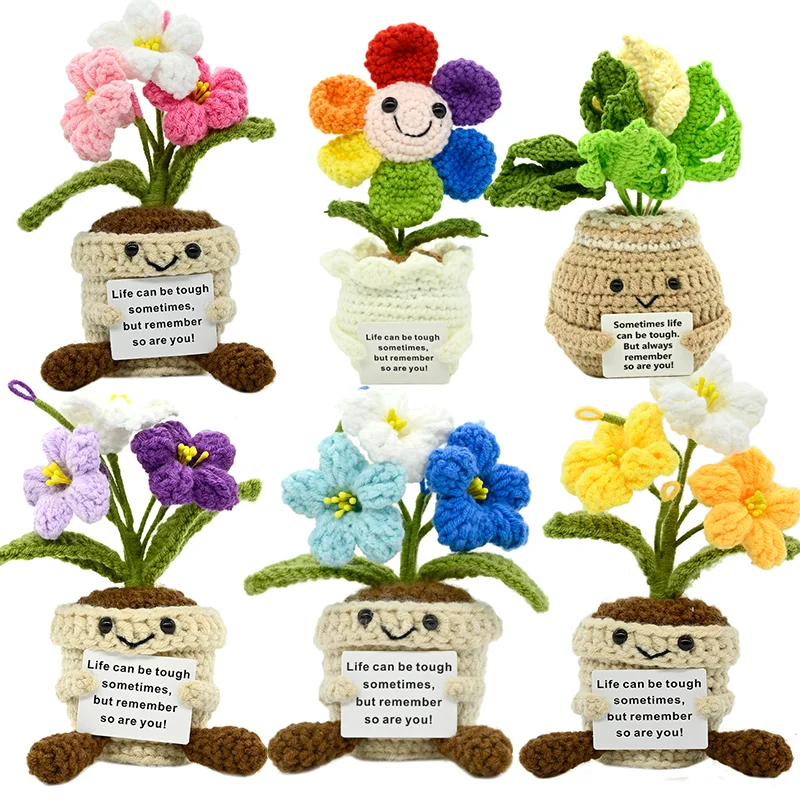 PlantSeries Positive Energy Crochet Flower Pot Handmade Knitted Potted Plant Hug with Encouragement Card Mini Desk Decor Gift