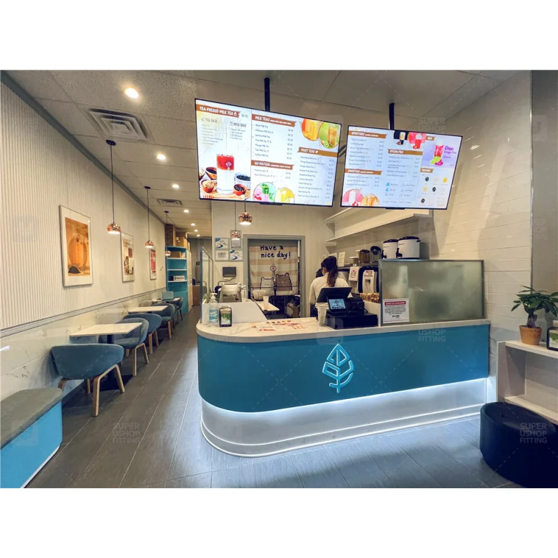 custom.Custom Milk Tea Shop Furniture Wooden Boba Coffee Store Display Rack Solid Marble Bubble Tea Shop Interior Design