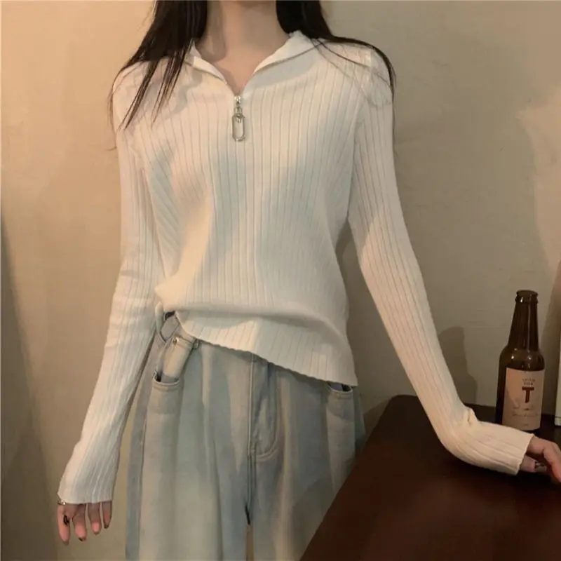 Вязаная базовая рубашка с воротником-поло на молнии, весенне-осенняя футболка с длинными рукавами, женский тонкий топ с высокой талией