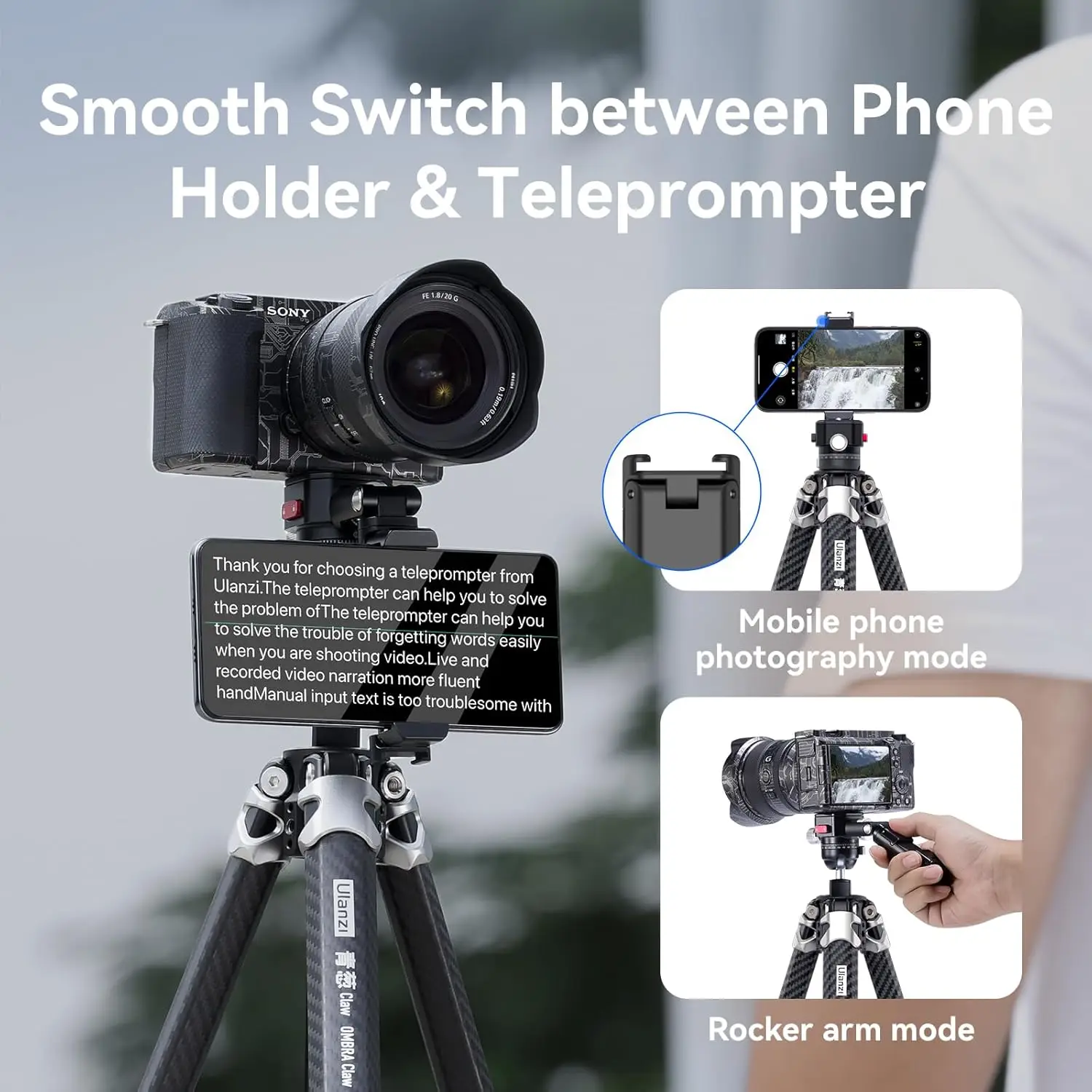 ขาตั้งกล้องคาร์บอนไฟเบอร์พร้อม Claw Quick Release กล้อง DSLR Mount 360 °   หัวบอลพาโนรามาพร้อมที่หนีบโทรศัพท์ Telepromp