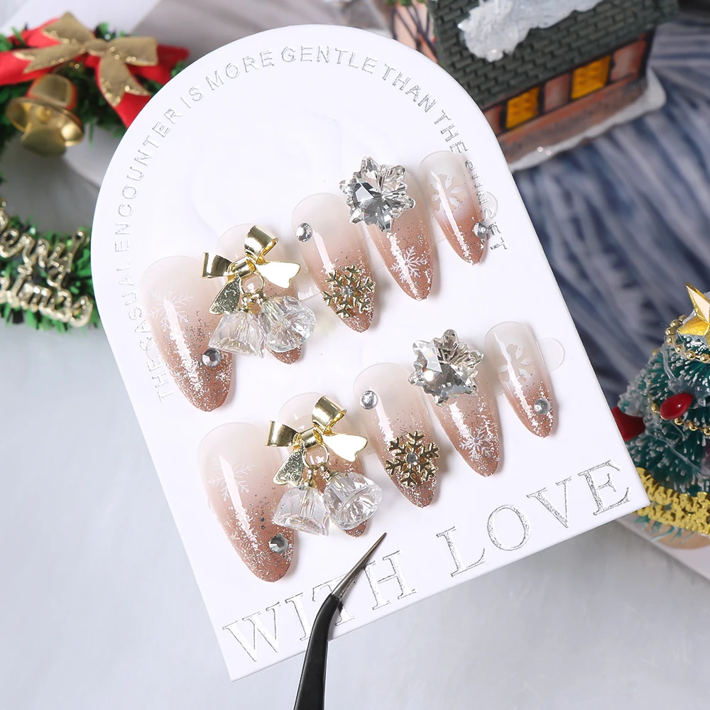 24 個ゴールドスノーフレークベルプレス爪グリッターパウダー冬クリスマスラインストーン偽ネイルチャーム偽ネイルアートマニキュア * &