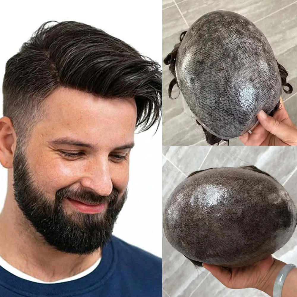 Men Capillary Prosthesis Toupee for Men Real Human Hair Thin Skin 0.1mm Injection Pu Base Men Toupee 1b40 1b50 Black Male Hair