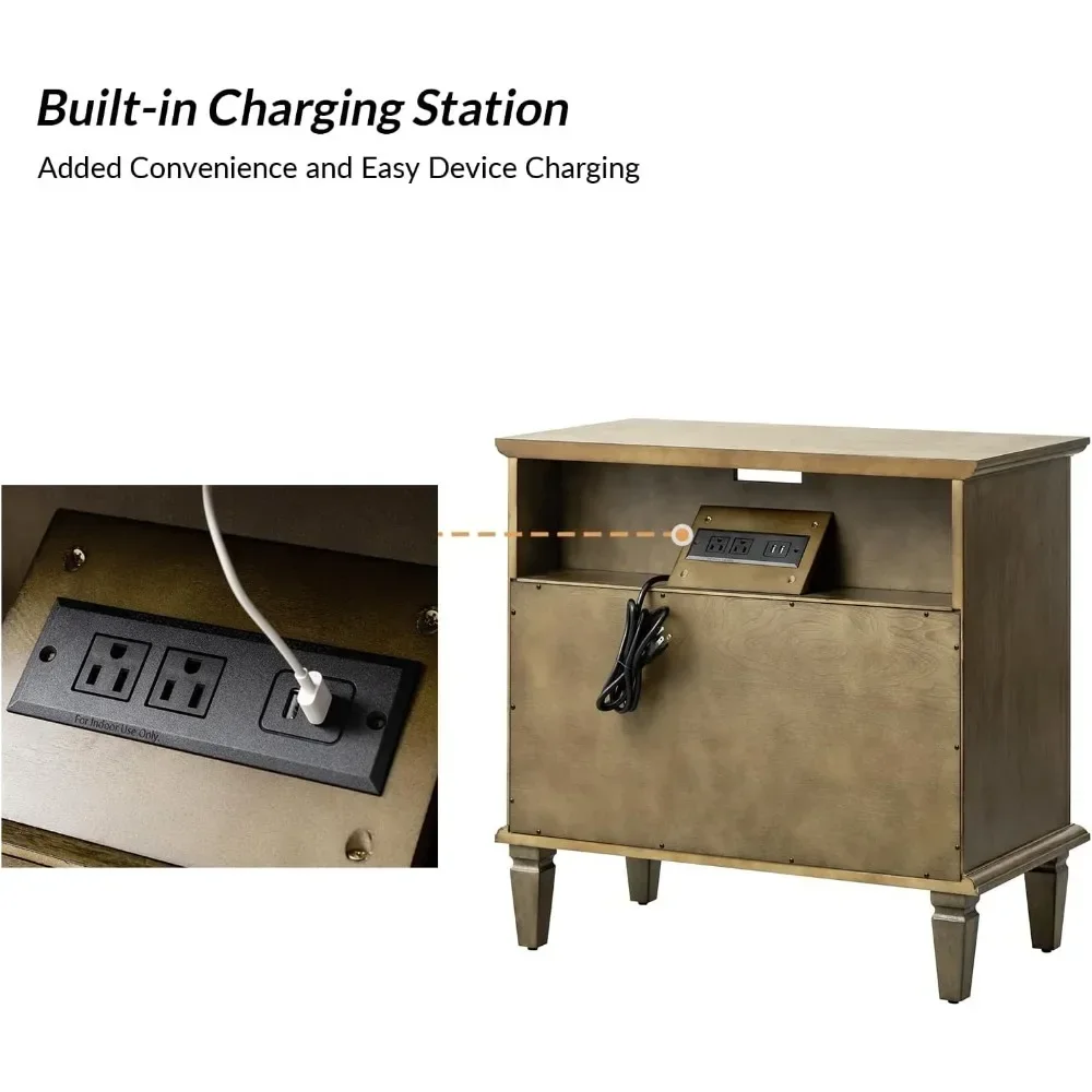 Nightstand with Charging Station, Farmhouse End Table with USB Ports and Outlets, Fluted Pilasters Design Side Table