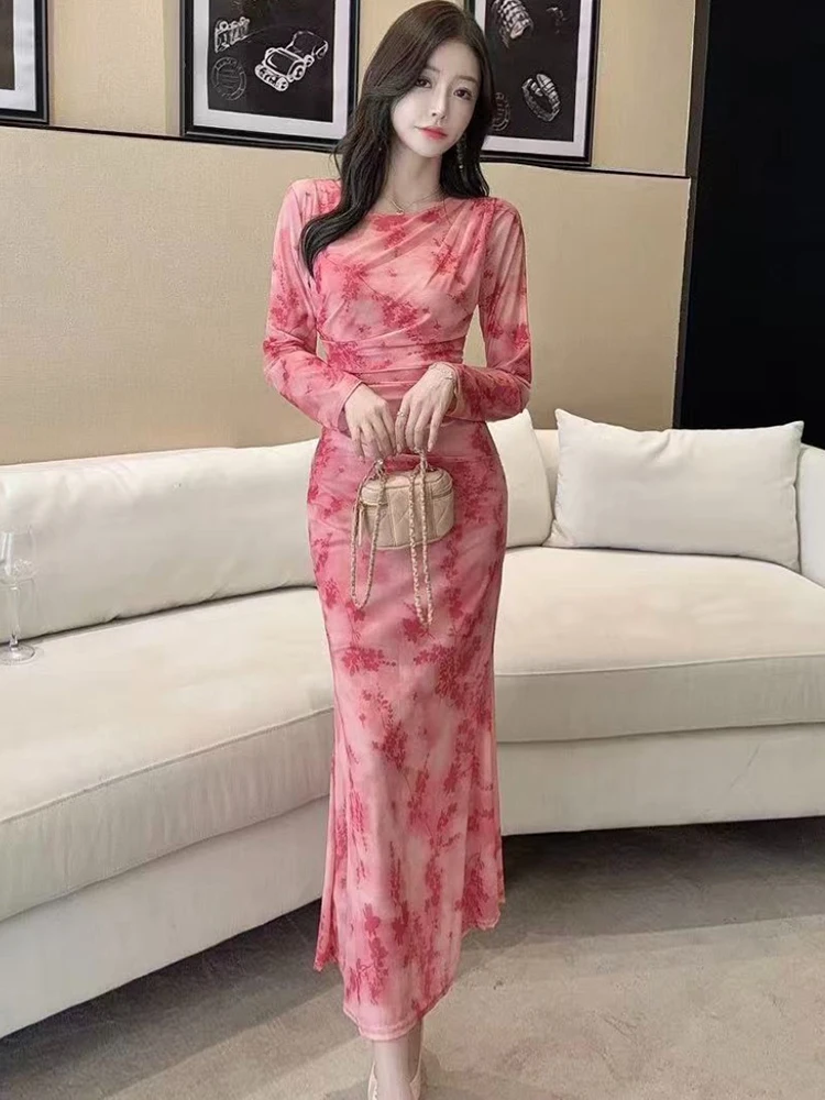 Femmes imprimer maille plissée moulante longue robe automne hiver élégant décontracté maison robe 2025 coréen Vintage à volants luxe robes