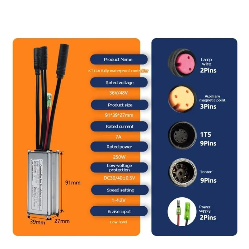 THIVN-KT-14A 36V 48V 250W Brushless Motor Sine Wave Controller Mountain Bike Controller+ 1-To-5 Connector Cable