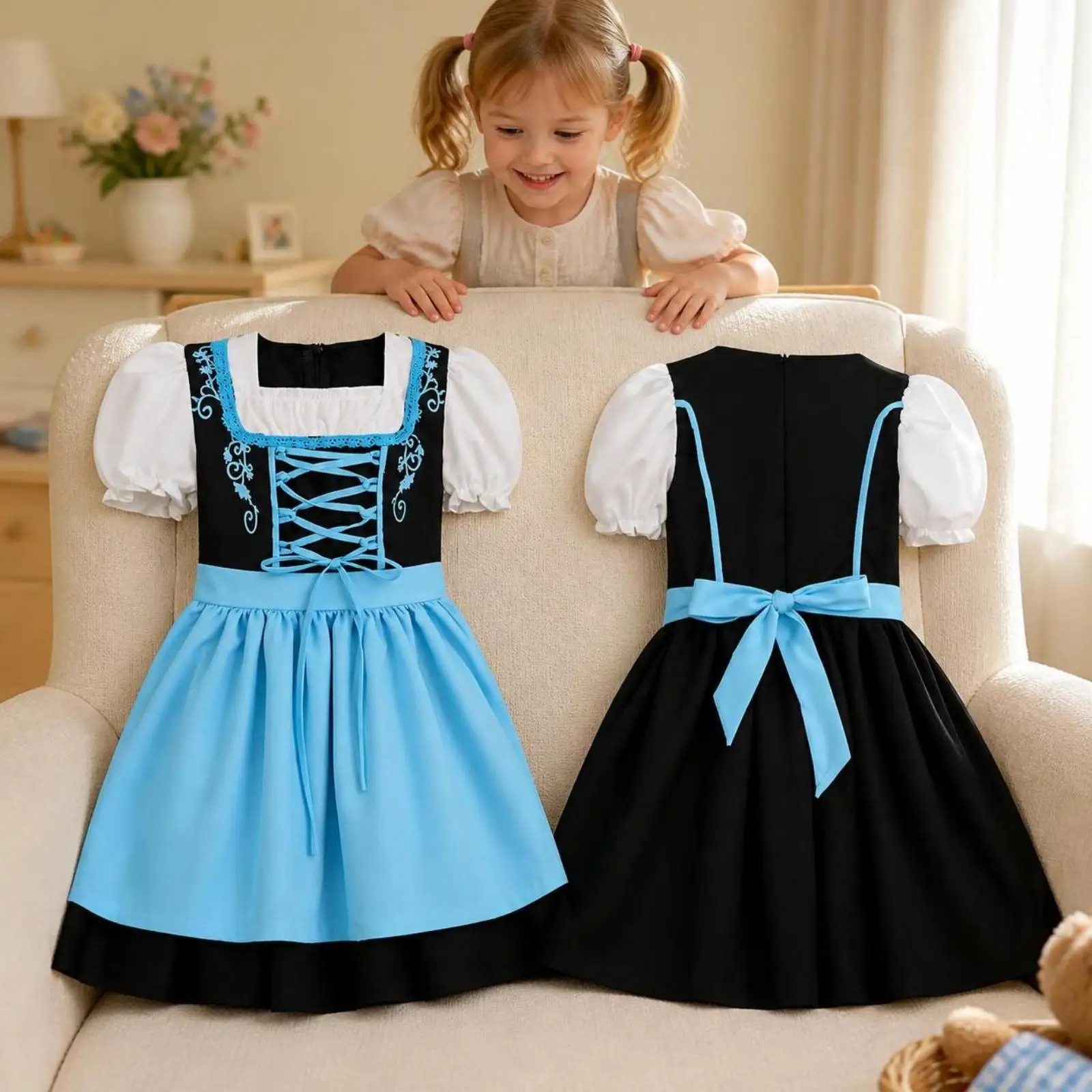 Kids Halloween Skirt Set with Square Neckline Puff Sleeves and Lace Up Bodice for Dance Party Dress Up Play
