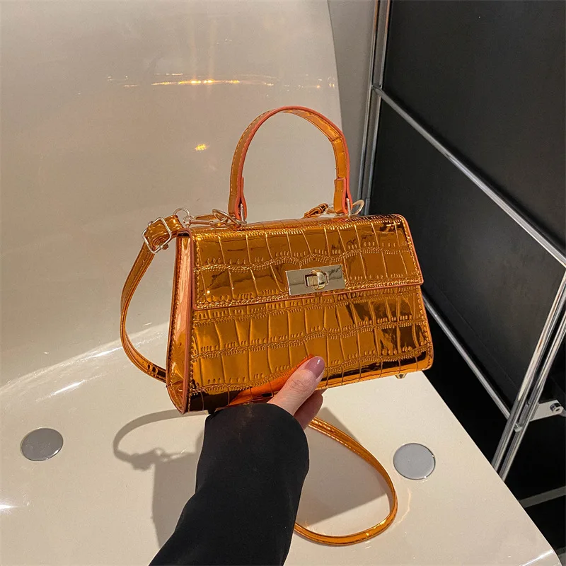 2023 Summer New Korean Fashion Bright Face Crocodile Pattern Portable Small Square Handbag Women\'s One Shoulder Crossbody Bag