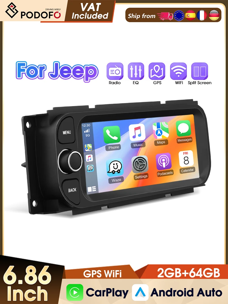 Podofo 6,86 Zoll 2+64G Autoradio für JEEP Grand Cherokee Liberty Wrangler Chrysler 2002-2006 FM RDS GPS EQ Auto-Intelligentes System