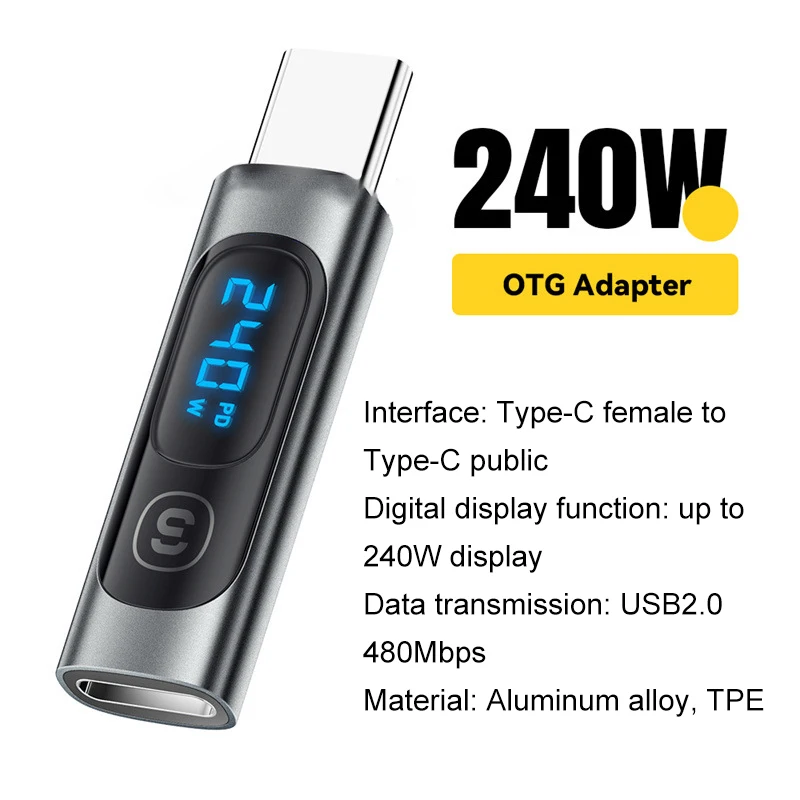 High-Power USB C Adapter Type C To USB C 3.0 2.0 OTG Connector With Digital Charging Power Tester Connector