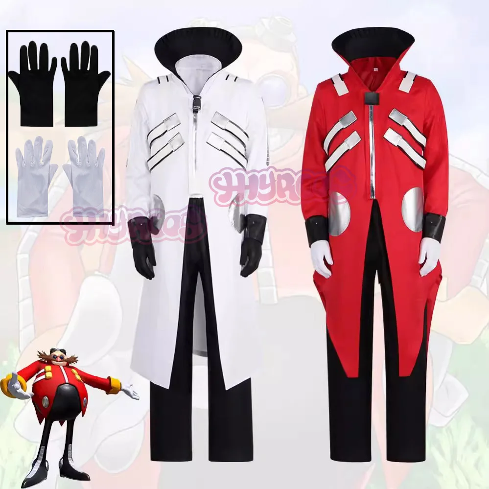 

3PCS Anime Eggman Cosplay Jacket Pants Costume Men Women Ivo Robotnik Trench Uniform Gloves Party Clothes Halloween Cosplay