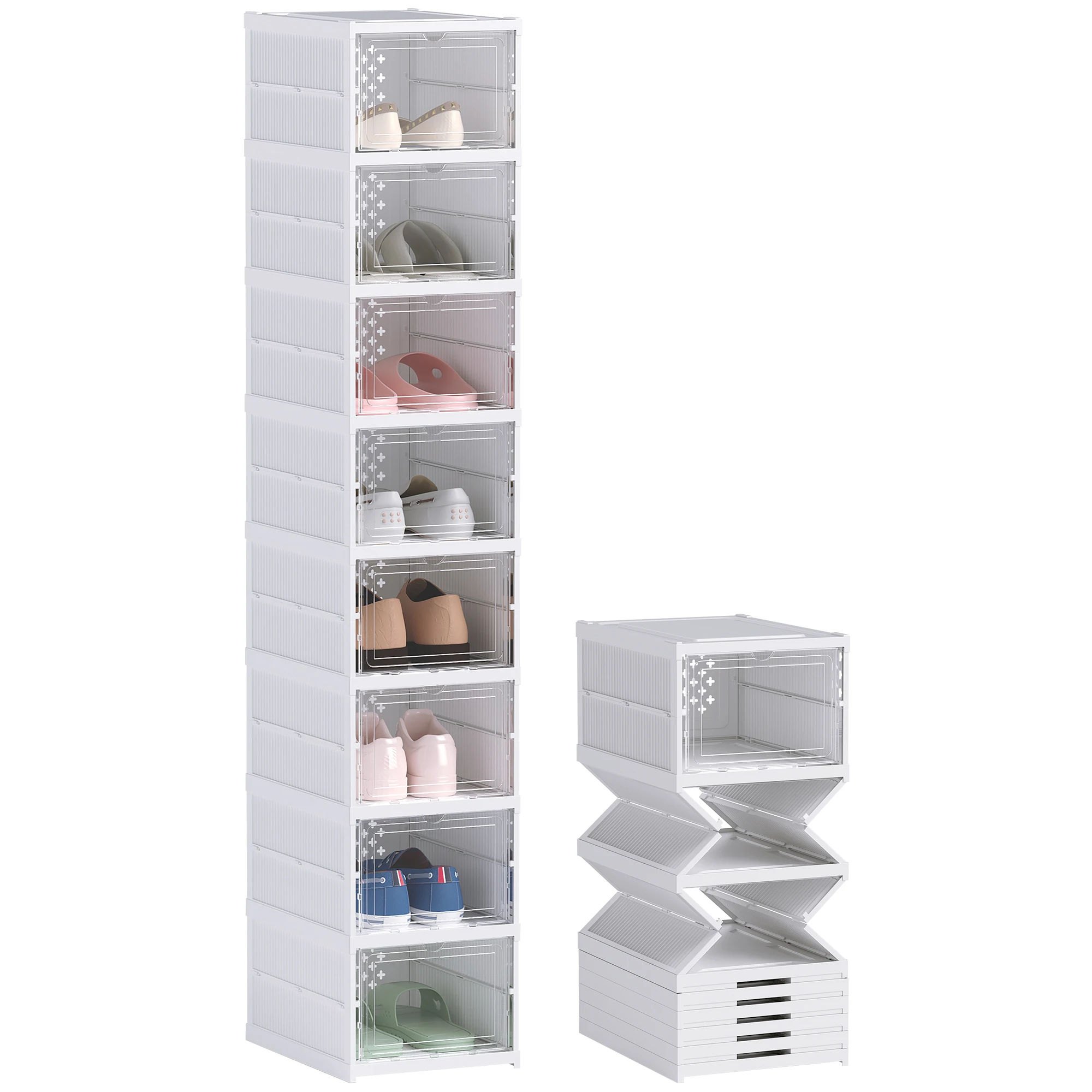 HOMCOM 8 Pack Foldable Shoe Organizer Plastic Fit up to US Size 10 White