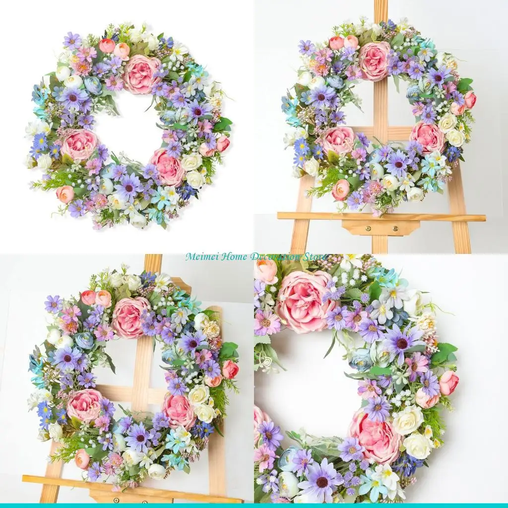 H7BF 45Cm Artificial Rose Hydrangea Flower Wreath Spring Realistic Flower Wreath With Leaves for Door Wall Hallway Garden