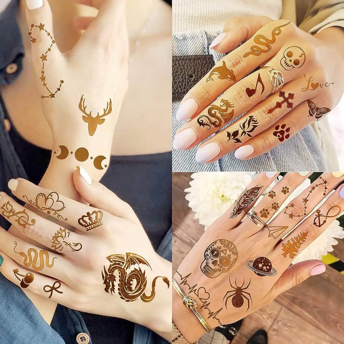 9 grandi fogli Flash tatuaggi temporanei per le donne adulti collo tatuaggio adesivo falso animale dorato boemia luna tatuaggi Glitter Decor