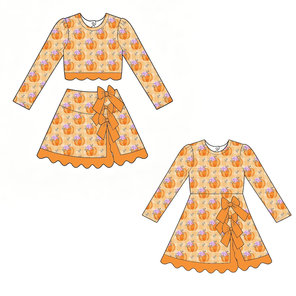 Boutique Kid's Girls' Set and Dress Round Neck Long-Sleeved Top Paired Short Skirt Bow Decoration Thanksgiving Pumpkin Bow Print