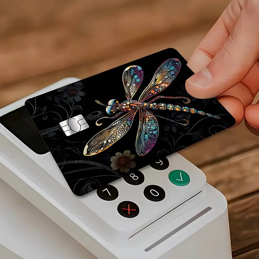 Colorful Dragonfly Floral Pattern Card Stickers Ultra-thin Waterproof Scratch Resistant Sticker, Personalized BankCardSticker