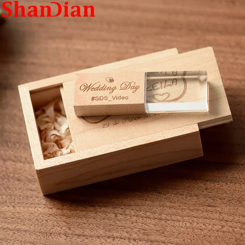 SHANDIAN creative wooden and crystal pendrive 4GB 32GB pen drive 16GB 64GB USB flash drive memory stick LOGO customized gifts