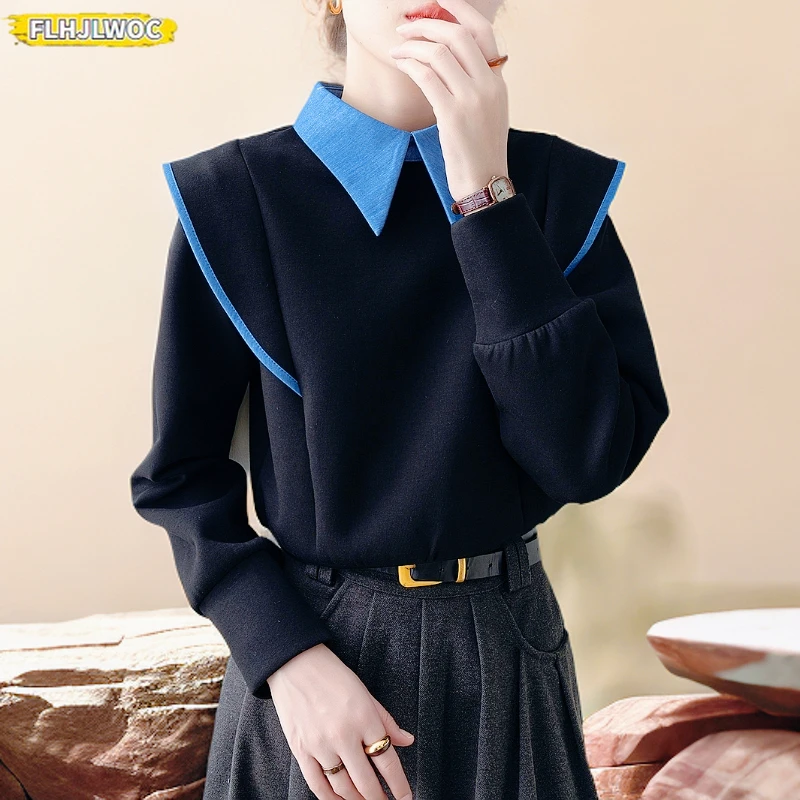 

Winter Spring Short Hoodies Sweatshirts New Design Women Long Sleeve Casual Black Patchwork Blue Short Tops