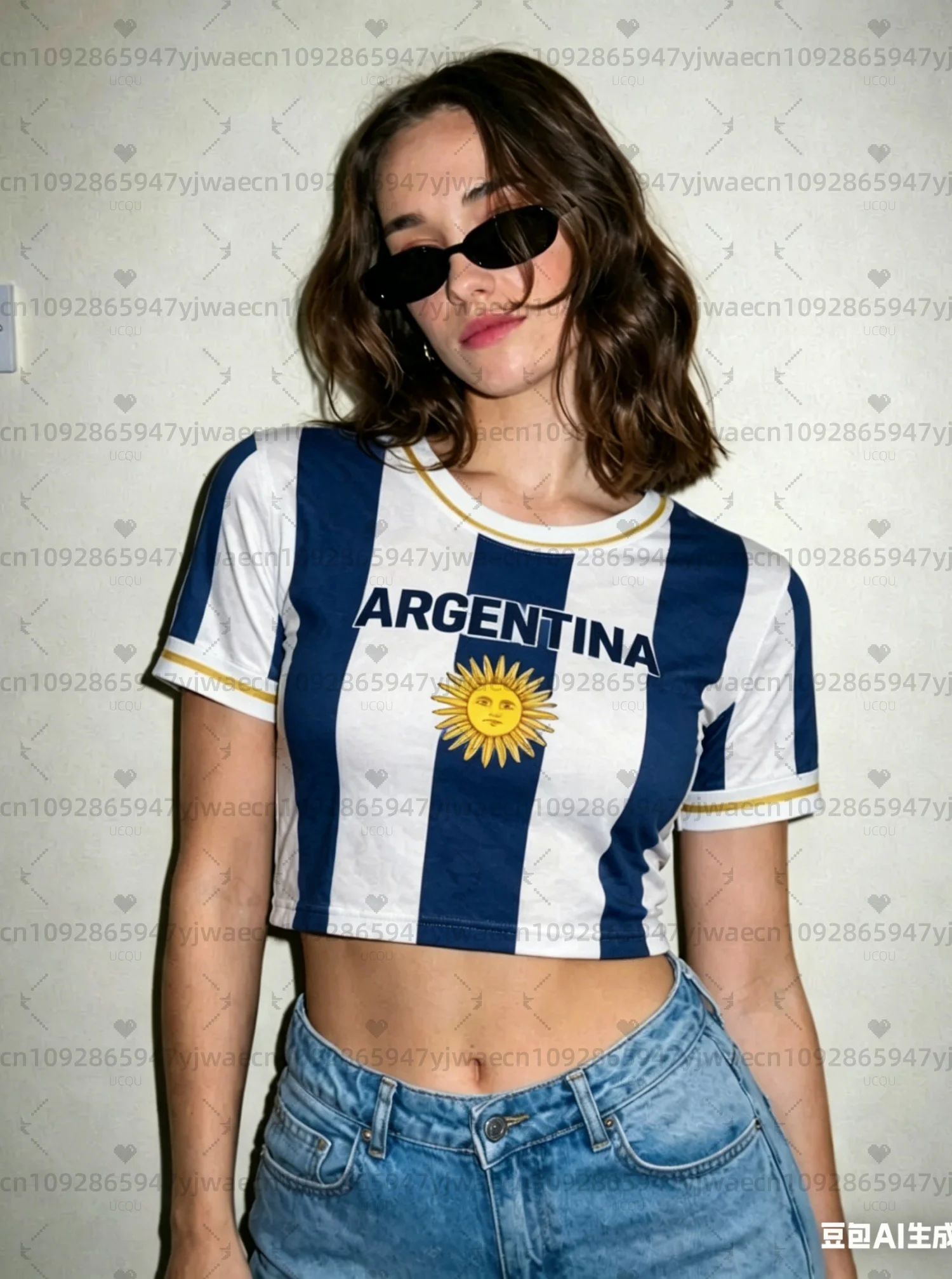 Argentina print Cheerleader Women's Football Jersey, Aztec Pattern Flag Crop Top, Summer Casual Streetwear Tee For soccer Fans view 5