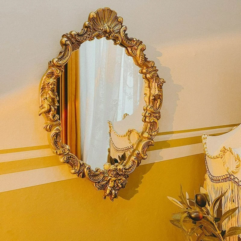 Light Luxury Carved Dressing Mirror Gold Retro Mirror Bedroom Entrance Living Room Wall Hanging Combination Wall Decoration