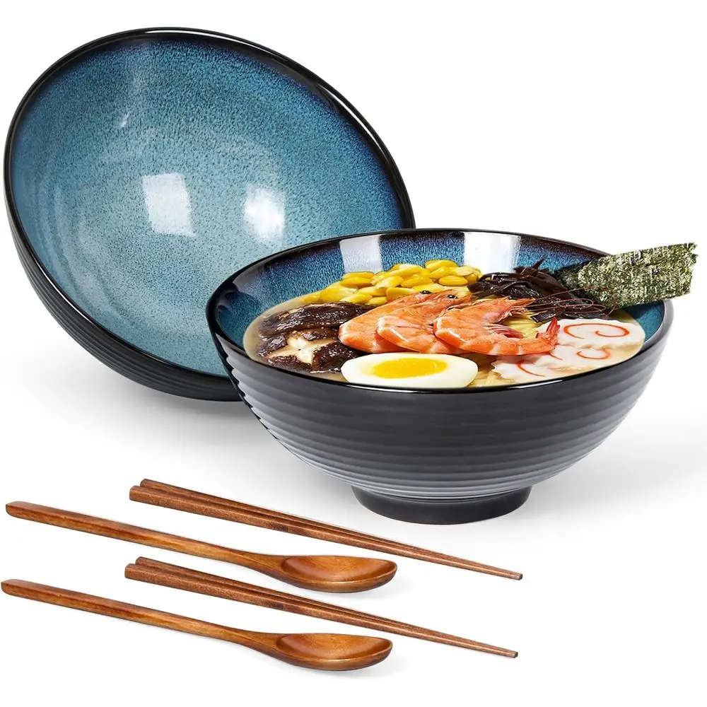 

Asian soup bowl Set of 2,Ceramic Japanese Ramen Bowl Blue Porcelain Pho Udon Soup Noodle Bowls with Chopsticks and Spoons