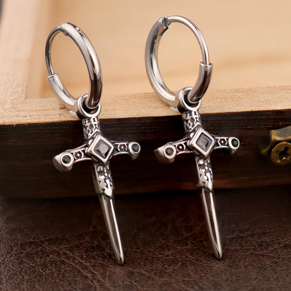 Punk Style Cross Drop Earring for Men and Women Gift Trendy Charm Stainless Steel Zircon Dagger Dangle Earring Jewelry Wholesale