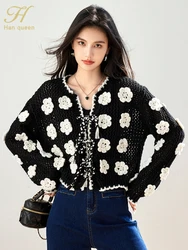 H Han Queen Autumn Winter Fashion Three-Dimensional Crochet Knitwear Woman Clothing Loose Korean Chic Cardigan Sweater For Women