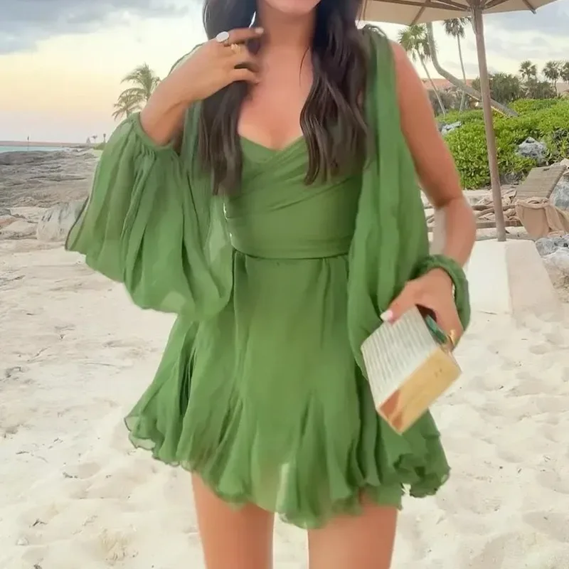 

Summer Short Beach Dress Green Woman Mesh Wrap Long Sleeve Back Tie Ladies Vacation Ruched Mini Sundress Beach Wear 2024