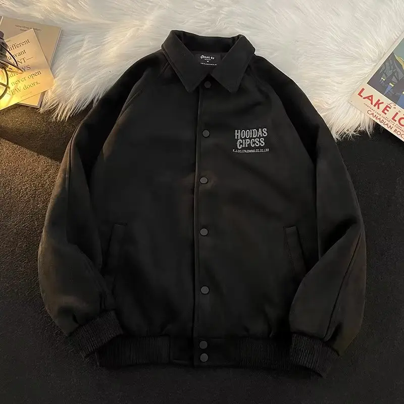 

Autumn Winter Large Size Men's Retro American Suede Jaet Cotton Added Loose Casual Baseball Sle Flng Coat for Teens