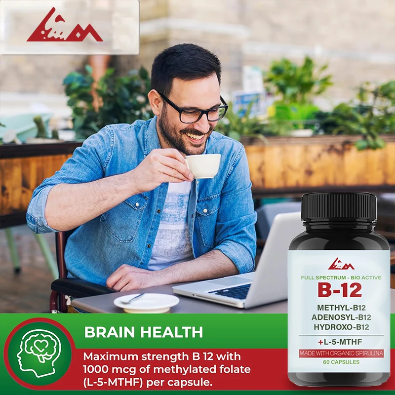 1000 mcg vitamin B12 complex containing methylcobalamine, adenosine cobalamine, and hydroxyB12 made from organic spirulina