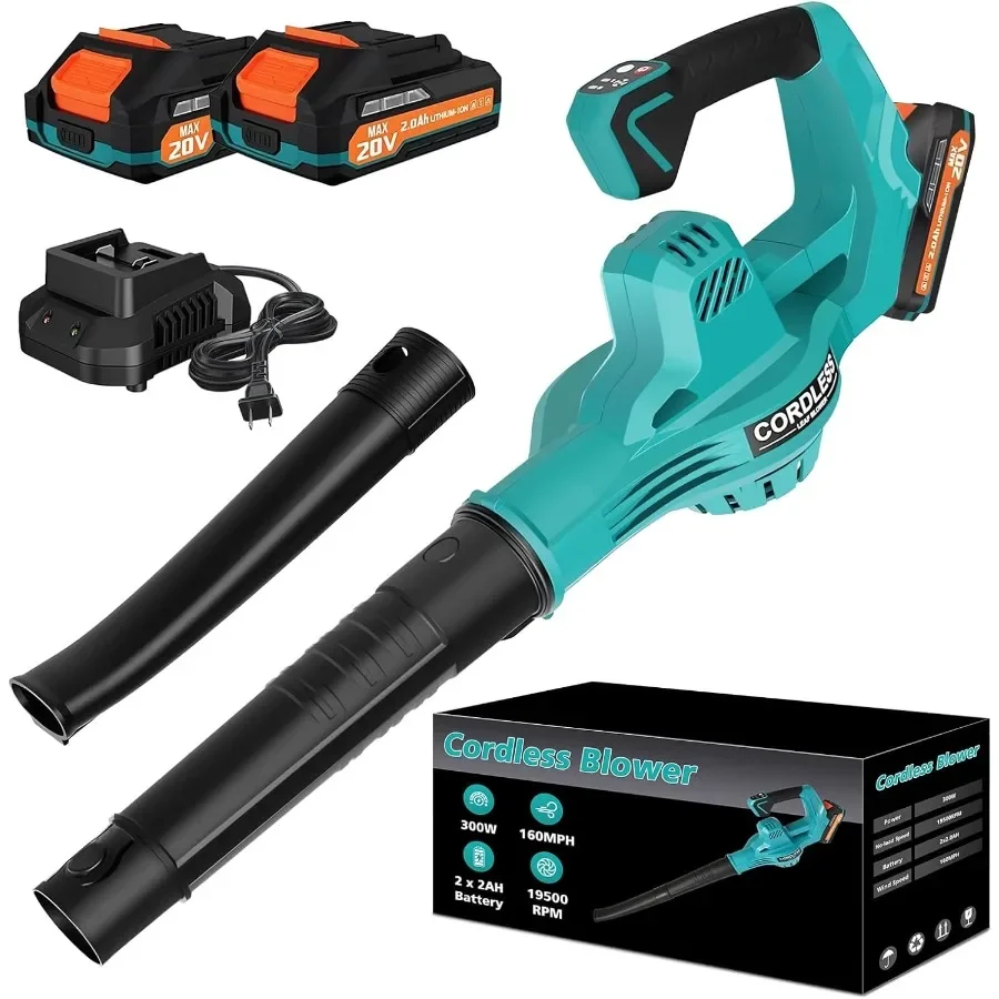 Soffiatore per foglie elettrico senza fili da 20 V con batteria 2X 2.0 Ah e caricabatterie 480 CFM 160 MPH Soffiatore per foglie alimentato a batteria Ha