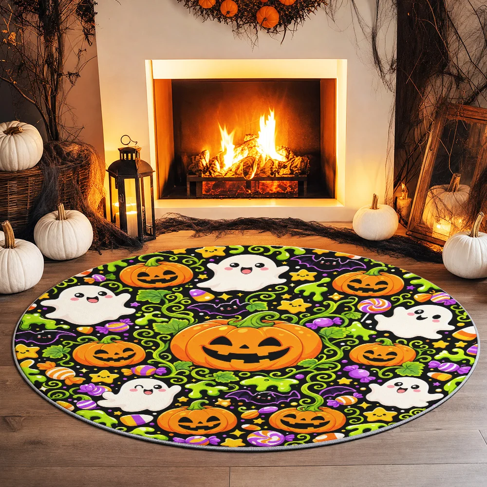 VIKAMA Kids Halloween Circular Floor Mat Colorful Cartoon Pumpkin Ghost Candy Bat Pattern Non Slip Rug Holiday Party Decor Mat