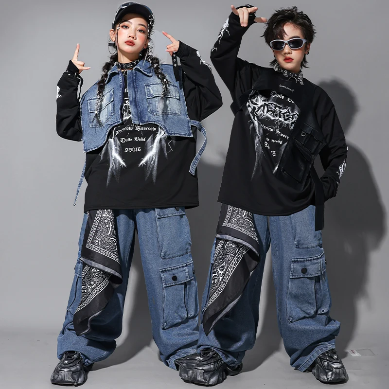 teen kid boys girls Hip Hop jazz street Denim Clothing Blue Vest Jacket Long Sweatshirt Casual Multi Pockets Jeans child outfits