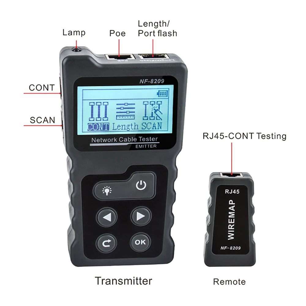 NOYAFA NF-8209 كابل المقتفي Lan عرض قياس تستر أدوات الشبكة شاشة الكريستال السائل قياس طول Wiremap تستر