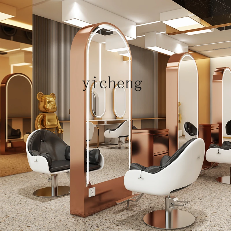 

HSN semicircular barber shop mirror hair salon special vertical double-sided thickened floor-to-ceiling barber shop mirror table