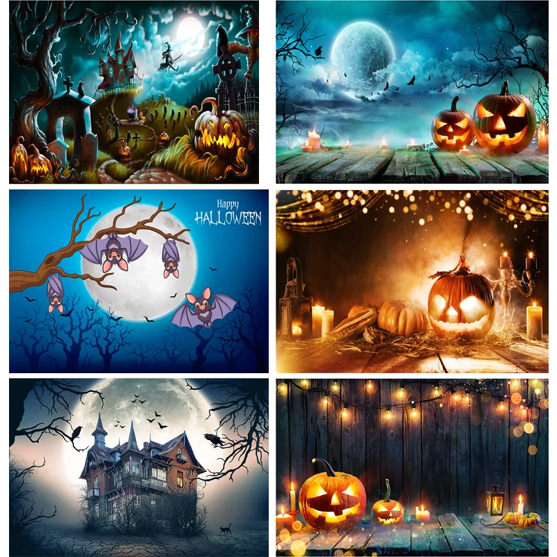 

Halloween Backdrop Pumpkin Lantern Forest Moon Tombstone Baby Photography Background For Photo Studio Props 2182 XZR-02