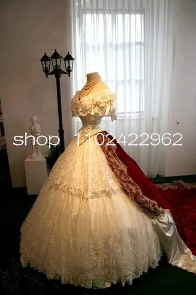 Customized History Fashion Victorian Lolita Prom Dresses White Red Lace Embroidery Bustle Corset Civil War Princess Evening Gown