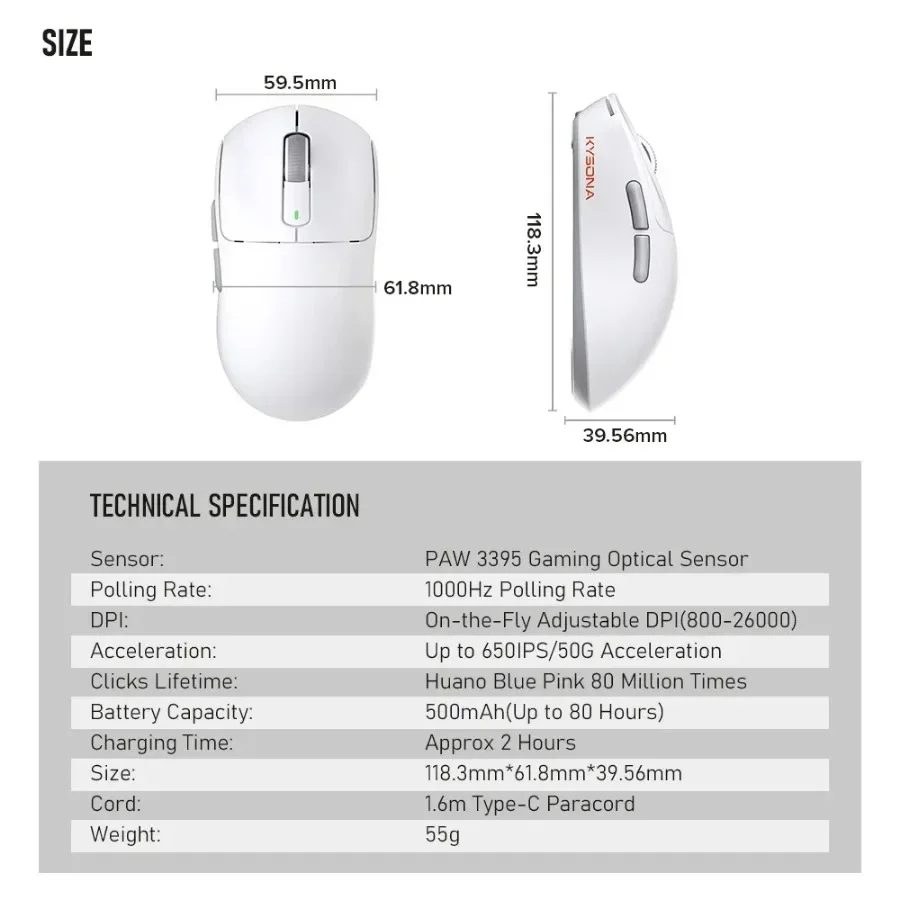 Imagem -06 - Kysona Lightpeso Tri-mode Wireless Gaming Mouse Mouse Óptico Ergonômico Recarregável Esports Gamer Escritório Ambidestro Paw3395 55g