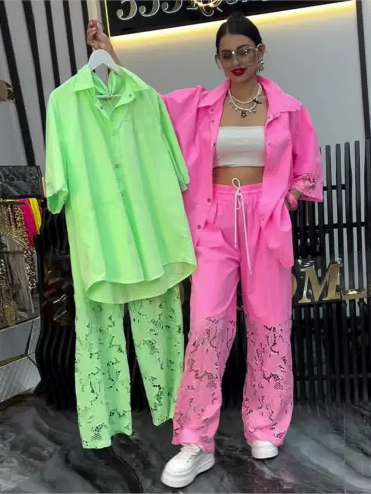 Mode Langarm-shirt Gespleißt Spitze Zwei-stück frauen Hosen Anzug Frühling Sommer Elegante Casual Solide Frau 2-stück Set Outfit
