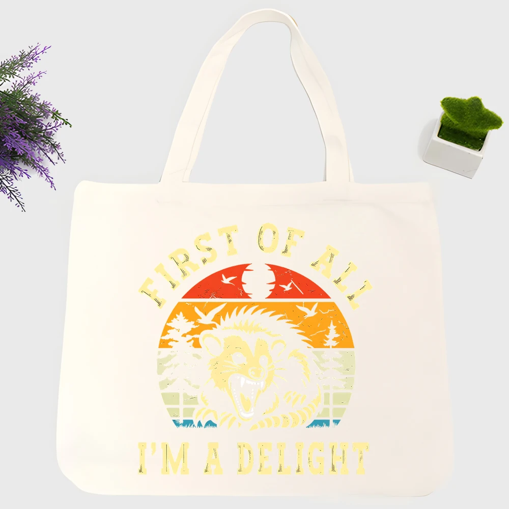 Men's hedgehog graphic canvas tote bag with vintage sunset design, ideal for casual daily use and weekend outings