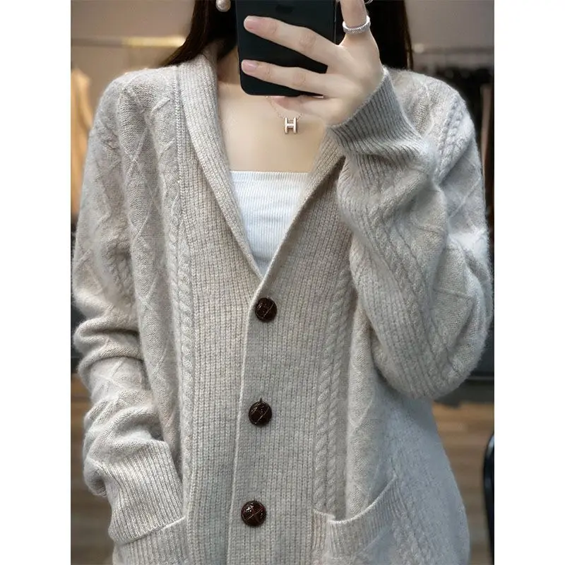 Loose Oversize Retro Rhombic Fried Dough Twists Wool Cardigan Women\'s Thickened Sweater Autumn and Winter 2023 New Knitting Coat